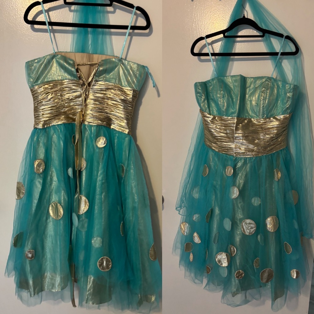 Jovani Beyond Aqua Polka Dot Midi Dress